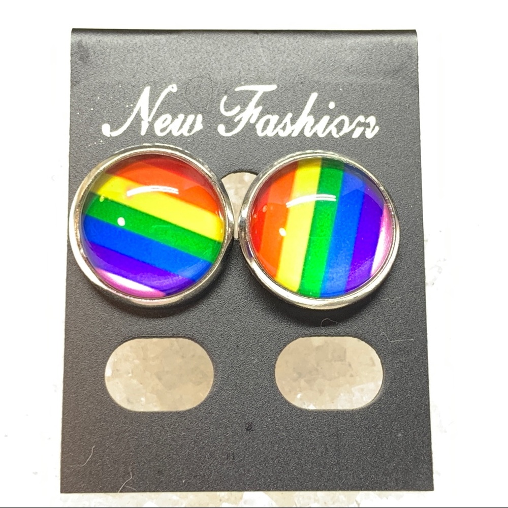 LGBT Rainbow Glass Cabochon Stud Earrings